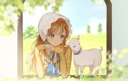 Rule 34 | 1girl, animal, blue eyes, blurry, blurry foreground, blush, bonnet, brown hair, day, elbow rest, goat, head rest, long hair, long sleeves, original, outdoors, own hands together, ribbon, sakunagita, sleeves past wrists, smile, solo, tree, window