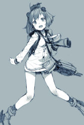 Rule 34 | 10s, 1girl, binoculars, blue background, dress, grey background, junwool, kantai collection, looking at viewer, monochrome, open mouth, sailor dress, short hair, simple background, sketch, solo, standing, turret, yukikaze (kancolle)