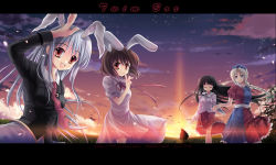 Rule 34 | 5girls, animal ears, bad id, bad pixiv id, black hair, blazer, braid, brown hair, rabbit ears, business suit, everyone, female focus, finger to mouth, formal, fujiwara no mokou, holding hands, houraisan kaguya, inaba tewi, jacket, lens flare, letterboxed, looking at viewer, multiple girls, necktie, pointing, red eyes, reisen udongein inaba, ribbon, salute, silhouette, silver hair, smile, sousouman, suit, sunlight, sunset, touhou, wallpaper, yagokoro eirin