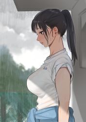 Rule 34 | 1girl, absurdres, black hair, blue sweater, blurry, blurry background, bra visible through clothes, bralines, breasts, cloud, cloudy sky, from side, highres, large breasts, original, outdoors, ponytail, rain, see-through, shirt, sky, sleeves rolled up, standing, sweater, syuntyu katze, tied sweater, tree, water, water drop, wet, wet clothes, wet shirt, white shirt