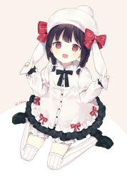 Rule 34 | 1girl, :d, animal ears, animal hat, black bow, black footwear, black hair, blush, bow, braid, brown background, commentary, dress, fingernails, full body, girls&#039; frontline, hair bow, hands up, hat, hat bow, layered sleeves, loafers, long hair, long sleeves, looking at viewer, m99 (girls&#039; frontline), m99 (rabbit squad) (girls&#039; frontline), official alternate costume, open mouth, puffy short sleeves, puffy sleeves, rabbit ears, rabbit hat, red bow, red eyes, shoes, short over long sleeves, short sleeves, silltare, sitting, smile, solo, striped clothes, striped thighhighs, thighhighs, twin braids, twitter username, two-tone background, vertical-striped clothes, vertical-striped thighhighs, wariza, white background, white bow, white dress, white hat, white thighhighs