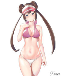 Rule 34 | 1girl, artist name, back bow, blue eyes, blush, bow, bow panties, bra, breasts, brown hair, closed mouth, collarbone, cowboy shot, creatures (company), double bun, female focus, game freak, hair bun, hand up, happy, hat, head tilt, highres, knsei, long hair, looking at viewer, medium breasts, navel, nintendo, panties, pink bow, pink bra, pink hat, pokemon, pokemon bw2, rosa (pokemon), shiny skin, simple background, smile, solo, standing, stomach, straight-on, twintails, underwear, underwear only, visor cap, watermark, white background, white panties