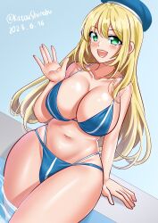 Rule 34 | 1girl, absurdres, atago (kancolle), beret, bikini, blonde hair, blue bikini, blue hat, breasts, cleavage, collarbone, cowboy shot, dated, green eyes, hat, highres, kantai collection, katou shinobu, large breasts, long hair, multi-strapped bikini, navel, one-hour drawing challenge, open mouth, round teeth, smile, solo, striped bikini, striped clothes, swimsuit, teeth, twitter username, upper teeth only, wading, water, waving