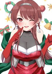Rule 34 | 1girl, bare shoulders, bell, blush, bow, breasts, brown hair, christmas, cleavage, dress, earrings, elbow gloves, feather earrings, feathers, gloves, green scarf, hairband, highres, jewelry, kantai collection, large breasts, long hair, looking at viewer, nevada (kancolle), official alternate costume, one eye closed, open mouth, red dress, red eyes, red gloves, scarf, simple background, sleeveless, sleeveless dress, solo, star (symbol), white background, yomogi dango