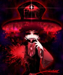 Rule 34 | black coat, black eyes, black hair, black mask, blood, blood on clothes, coat, collared shirt, commentary, curly hair, dark background, english commentary, enraku tsubakura, eye on hat, fangs, fingernails, gem, glowing, glowing eye, halloween, hand to own mouth, hat, hat ribbon, highres, large hat, len&#039;en, lenk64, long tongue, mask, mask pull, missing limb, mouth mask, necktie, no pupils, red eyes, red gemstone, red necktie, red ribbon, ribbon, sharp fingernails, shirt, short hair, signature, striped, striped coat, tongue, top hat, torn clothes, torn sleeves, v-shaped eyebrows, vertical-striped coat, white shirt, white sleeves, wide sleeves