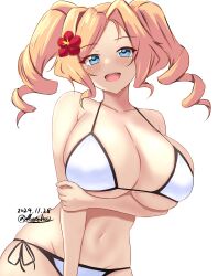 1girl arm_under_breasts bare_arms bikini blonde_hair blue_eyes breasts cleavage collarbone commentary_request dated drill_hair flower highres honolulu_(kancolle) huge_breasts kantai_collection looking_at_viewer medium_hair montemasa navel open_mouth red_flower signature simple_background smile solo standing swimsuit twin_drills white_background white_bikini