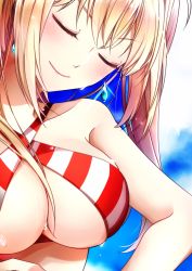 Rule 34 | 10s, 1girl, bare arms, bare shoulders, bikini, blonde hair, blue sky, breast hold, breasts, cleavage, close-up, closed mouth, cloud, cloudy sky, collarbone, commentary request, criss-cross halter, day, earrings, eyelashes, fate/extra, fate/grand order, fate (series), glint, green eyes, hair between eyes, hair intakes, halterneck, jewelry, large breasts, long hair, looking at viewer, nero claudius (fate), nero claudius (fate) (all), nero claudius (swimsuit caster) (fate), outdoors, pink lips, sayvi, sidelocks, sky, smile, solo, strap gap, striped bikini, striped clothes, swimsuit, twintails, underboob, upper body, wet, wet hair