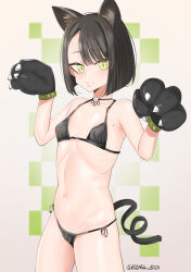 Rule 34 | 1girl, animal ears, animal hands, bikini, black bikini, black hair, boca, cat ears, cat paws, cat tail, flat chest, gloves, green eyes, highres, looking at viewer, mole, navel, original, paw gloves, short hair, smile, solo, swimsuit, tail