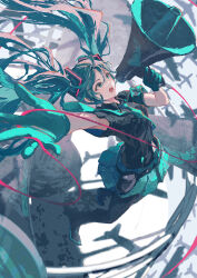 Rule 34 | 1girl, absurdres, belt pouch, black pantyhose, black shirt, breasts, commentary, floating hair, full body, gloves, green eyes, green gloves, green hair, green necktie, green skirt, hatsune miku, highres, holding, holding megaphone, jumping, koi wa sensou (vocaloid), kurohanesawa, long hair, looking to the side, medium breasts, megaphone, necktie, open mouth, outstretched arm, pantyhose, pleated skirt, pouch, shirt, short sleeves, skirt, solo, teeth, tongue, twintails, very long hair, vocaloid