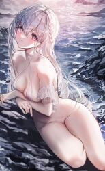 Rule 34 | 1girl, bare shoulders, bikini, breasts, chiachun0621, cleavage, closed mouth, halterneck, highres, large breasts, long hair, looking at viewer, off shoulder, original, outdoors, purple eyes, revision, see-through, solo, sunlight, swimsuit, thighs, veil, water, white bikini, white hair