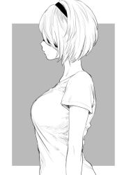 Rule 34 | blindfold, covered eyes, grey background, greyscale, mellow rag, mole, mole under mouth, monochrome, nier (series), nier:automata, short hair, simple background, solo, white hair, 2b (nier:automata)