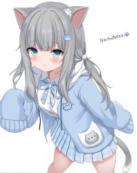 Rule 34 | 1girl, absurdres, animal ears, animal print, aqua eyes, blue sweater, blush, bow, bowtie, cat ears, cat girl, cat print, cat tail, grey hair, gugu0v0, highres, indie virtual youtuber, looking at viewer, low twintails, nachoneko, plaid, plaid skirt, pleated skirt, shirt, simple background, skirt, sleeves past wrists, solo, sweater, tail, twintails, virtual youtuber, white shirt