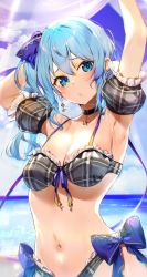 Rule 34 | 1girl, alternate breast size, armpits, arms up, bikini, black choker, blue bow, blue eyes, blue hair, blush, bow, breasts, choker, commentary request, day, detached sleeves, earrings, frilled sleeves, frills, grey bikini, hair ribbon, highres, hololive, hoshimachi suisei, hoshimachi suisei (1st costume), jewelry, kasumi komo, long hair, looking at viewer, medium breasts, navel, ocean, outdoors, parted lips, plaid, plaid bikini, ribbon, side ponytail, solo, star (symbol), star in eye, swimsuit, symbol in eye, thighhighs, upper body, virtual youtuber