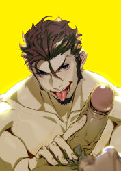 Rule 34 | 2boys, absurdres, bara, black hair, blue eyes, chiizu namasu, erection, facial hair, fate/grand order, fate (series), goatee, highres, large pectorals, male focus, male pubic hair, multiple boys, muscular, muscular male, napoleon bonaparte (fate), pectorals, penis, pubic hair, short hair, sideburns, simple background, solo focus, tongue, tongue out, veins, veiny penis, yaoi, yellow background
