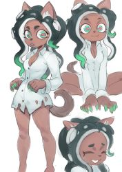 Rule 34 | absurdres, animal ears, animal nose, bottomless, breasts, cephalopod eyes, cleavage, colo (nagrolaz), colored skin, dark-skinned female, dark skin, dog ears, fang, highres, kemonomimi mode, marina (splatoon), mole, mole under mouth, multicolored skin, nintendo, octoling, pink pupils, splatoon (series), splatoon 2, suction cups, tail, tentacle hair, wolf ears, wolf tail