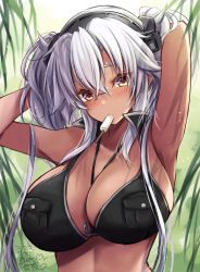 Rule 34 | 1girl, absurdres, anchor, arms behind head, bikini, black bikini, breast pocket, breasts, brown eyes, commentary request, dark-skinned female, dark skin, food, glasses, hairband, highres, jewelry, kantai collection, large breasts, long hair, looking at viewer, mashiro yukiya, mouth hold, musashi (kancolle), necklace, one-hour drawing challenge, pocket, popsicle, semi-rimless eyewear, solo, swimsuit, twintails, upper body, white hair