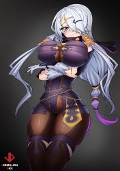 Rule 34 | 1girl, absurdres, atelier (series), atelier ryza, atelier ryza 1, bodysuit, breast rest, breasts, fingernails, hair over one eye, highres, impossible bodysuit, impossible clothes, large breasts, lila decyrus, long fingernails, long hair, purple eyes, skin tight, skindentation, vermillion dice, white hair