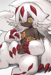 Rule 34 | 1girl, absurdres, body fur, claws, collarbone, dark-skinned female, dark skin, extra arms, faputa, fewer digits, fur, goggles, goggles around neck, highres, made in abyss, monster girl, multiple tails, navel, sangzhi, sharp teeth, sitting, solo, tail, teeth, uneven eyes, very dark skin, white fur, white hair, yellow eyes