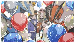 1boy 1girl :d asagiri_kogen balloon blonde_hair blue_jacket border bouquet calem_(pokemon) closed_mouth collared_shirt commentary creatures_(company) eyewear_on_headwear fletchling flower game_freak gen_6_pokemon grey_eyes hat highres holding jacket legendary_pokemon long_hair nintendo open_mouth pants pink_hat pleated_skirt pokemon pokemon_(creature) pokemon_xy red_hat serena_(pokemon) shirt skirt smile standing sunglasses thighhighs white_border xerneas yveltal