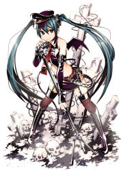 Rule 34 | 1girl, bat wings, boots, green eyes, green hair, hat, hatsune miku, long hair, looking at viewer, matching hair/eyes, microphone, microphone stand, peaked cap, skirt, smile, solo, thighhighs, torigoe takumi, twintails, very long hair, vintage microphone, vocaloid, wings