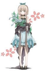 Rule 34 | 1girl, bare shoulders, blonde hair, blush, bow, choker, dot nose, dress, eyelashes, flats, flower, grey eyes, hair bow, hairband, highres, leaf, li luo, looking at viewer, no socks, original, pigeon-toed, ribbon, ribbon choker, shadow, simple background, sleeveless, smile, solo, strapless, strapless dress, tube dress, white background
