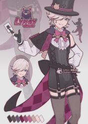 Rule 34 | 1boy, absurdres, asymmetrical bangs, black hat, blonde hair, bow, bowtie, card, character name, color guide, detached sleeves, genshin impact, grey thighhighs, hair over one eye, hat, highres, ibextor, lyney (genshin impact), male focus, pink bow, pink bowtie, playing card, purple eyes, solo, teardrop facial mark, thighhighs, top hat, two-tone gloves, white sleeves