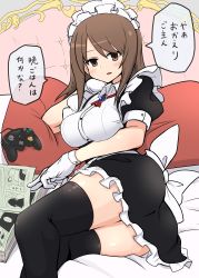 Rule 34 | 1girl, absurdres, alternate costume, alternate headwear, apron, back bow, bed sheet, black dress, black thighhighs, border, bow, breasts, brooch, brown eyes, brown hair, collared dress, commentary, dress, enmaided, frilled dress, frills, gamecube controller, girls und panzer, gloves, highres, jewelry, large breasts, legs, long hair, looking at viewer, lying, maid, maid apron, manga (object), mika (girls und panzer), neck ribbon, on bed, on side, parted lips, pillow, puffy short sleeves, puffy sleeves, red ribbon, ribbon, short dress, short sleeves, smile, solo, thighhighs, translated, white apron, white border, white gloves, wing collar, yogurt bakudan