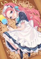 Rule 34 | 1girl, anklet, apron, blue archive, blush, bow, box, cardboard box, commentary request, duster, embarrassed, forehead, frilled apron, frills, hair bow, hair ribbon, halo, high heels, highres, holding, holding duster, in box, in container, jewelry, long hair, looking at viewer, lying, maid, maid apron, maid headdress, mi taro333, official alternate costume, on side, parted bangs, parted lips, purple eyes, red hair, ribbon, short sleeves, side ponytail, solo, white apron, wrist cuffs, yuzu (blue archive), yuzu (maid) (blue archive)