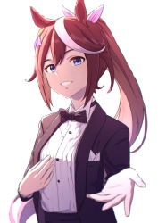 Rule 34 | 1girl, absurdres, alternate costume, animal ears, black bow, black bowtie, black jacket, bow, bowtie, breasts, brown hair, collared shirt, esubui, formal, hand on own chest, highres, horse ears, jacket, long hair, long sleeves, looking at viewer, multicolored hair, open clothes, open jacket, outstretched arm, pant suit, pants, ponytail, reaching, reaching towards viewer, shirt, simple background, small breasts, smile, solo, streaked hair, suit, teeth, tokai teio (umamusume), umamusume, upper body, white background, white shirt