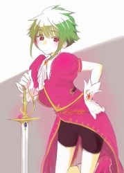 Rule 34 | 1girl, 72yan, asellus (saga frontier), bike shorts, commentary request, dress, gloves, green hair, red eyes, saga, saga frontier, short hair, solo, sword, weapon