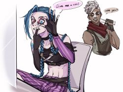 Rule 34 | 1boy, 1girl, arcane: league of legends, arcane jinx, bare shoulders, black choker, blue nails, braid, brown eyes, brown shirt, chair, choker, collarbone, contact lens, crop top, cropped torso, d (xxl30433461), dark-skinned male, dark skin, dreadlocks, ekko (league of legends), fingerless gloves, firelight ekko, gloves, green eyes, grey background, grey hair, highres, holding, jinx (league of legends), league of legends, long hair, looking at another, multicolored nails, nail polish, navel, pants, pink eyes, pink pants, shirt, short hair, simple background, sitting, stomach, striped clothes, striped pants, twin braids, twintails