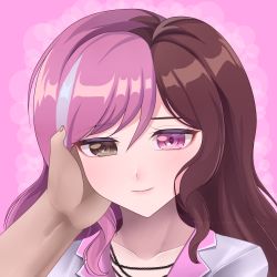 Rule 34 | 1boy, 1girl, absurdres, artist request, brown eyes, brown hair, hand on another&#039;s face, heterochromia, highres, lipstick, makeup, neo politan, pink eyes, pink hair, pov, rwby, smile, zephylyne