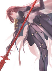 Rule 34 | armor, bodysuit, breasts, covered navel, fate/grand order, fate (series), gae bolg (fate), holding, holding weapon, impossible bodysuit, impossible clothes, large breasts, long hair, looking to the side, pauldrons, polearm, purple bodysuit, purple hair, red eyes, scathach (fate), scathach (fate), shoulder armor, spear, very long hair, weapon, white background, ya99ru