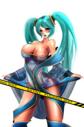 Rule 34 | 1girl, aqua hair, bad id, bad pixiv id, bare shoulders, blue eyes, blush, breasts, censored, english text, engrish text, highres, huge breasts, league of legends, original, profanity, pussy juice, ranguage, satiny, see-through, simple background, solo, sona (league of legends), tongue, twintails, white background