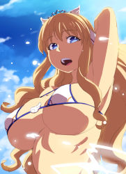 Rule 34 | 1girl, :d, arm up, armpits, bare shoulders, bikini, blonde hair, blue eyes, blue sky, breasts, character request, cloud, cloudy sky, day, highres, large breasts, looking at viewer, open mouth, sennen sensou aigis, sky, smile, solo, swimsuit, tasaka shinnosuke, tiara, upper body, white bikini