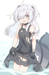 Rule 34 | 1girl, absurdres, ahoge, arknights, bare shoulders, black dress, black gloves, black hair, black ribbon, breasts, crocodilian tail, dress, flower, gloves, grey hair, hair intakes, hair over one eye, hair ribbon, highres, multicolored hair, partially fingerless gloves, ribbon, ryoku sui, simple background, sleeveless, sleeveless dress, small breasts, solo, streaked hair, tail, tomimi (arknights), torn clothes, torn dress, two side up, wading, white background, white flower, yellow eyes