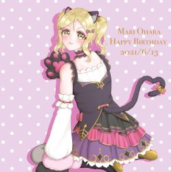 Rule 34 | 1girl, alternate hairstyle, animal ears, animal hands, animal print, artist name, artist request, bare shoulders, black detached collar, black dress, black skirt, blonde hair, blush, boots, bow, bowtie, braid, breasts, brown eyes, cat bell, cat ears, cat gloves, cat paws, cat print, cat tail, cross-laced clothes, cross-laced dress, crown braid, crystal hair ornament, detached collar, dress, dress bow, earrings, female focus, frilled dress, frills, from behind, full body, fur-trimmed footwear, fur-trimmed sleeves, fur trim, green eyes, grey legwear, hair bow, hair ornament, heart, heart hair ornament, high heel boots, high heels, jewelry, looking at viewer, looking back, love live!, love live! school idol festival, love live! school idol festival all stars, love live! sunshine!!, ohara mari, parted lips, paw earrings, pink bow, pink skirt, polka dot, polka dot background, puffy short sleeves, puffy sleeves, purple background, purple bow, purple detached collar, purple footwear, purple skirt, short hair, short sleeves, short twintails, skirt, smile, solo, spider web hair ornament, striped, striped bow, tail, tail bow, tail ornament, twintails, two-tone skirt, waving, white dress, yellow eyes