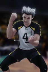 Rule 34 | 1boy, artcami, black legwear, black shorts, blurry, bokuto koutarou, clenched hands, commentary, grey hair, grin, haikyuu!!, hands up, highres, indoors, instagram username, jersey, knee pads, legs apart, looking away, male focus, multicolored hair, muscular, muscular male, short hair, shorts, smile, solo, sportswear, standing, teeth, twitter username, two-tone hair, volleyball uniform, yellow eyes