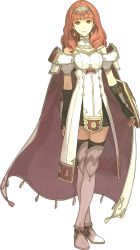 Rule 34 | 1girl, arm guards, armor, bare shoulders, black thighhighs, breastplate, celica (fire emblem), detached collar, earrings, fingerless gloves, fire emblem, fire emblem echoes, full body, gloves, hair ornament, hidari (left side), highres, jewelry, nintendo, official art, red eyes, red hair, shield, solo, thighhighs, tiara, transparent background, zettai ryouiki