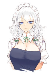 Rule 34 | 1girl, blue dress, blue eyes, bow, bowtie, braid, breasts, closed mouth, collarbone, commentary, detached collar, dress, green bow, green bowtie, grey hair, hair bow, highres, izayoi sakuya, large breasts, maid, maid headdress, puffy short sleeves, puffy sleeves, raptor7, short hair, short sleeves, simple background, smile, solo, symbol-only commentary, touhou, twin braids, upper body, white background