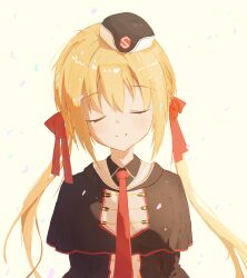 Rule 34 | 1girl, arihara nanami, black capelet, black hat, blonde hair, blush, braid, capelet, closed eyes, closed mouth, commentary, confetti, eyelashes, facing viewer, garrison cap, hair ribbon, hat, head tilt, highres, hood, hood down, long hair, low twintails, necktie, nkross, red necktie, red ribbon, ribbon, riddle joker, side braid, sidelighting, simple background, smile, solo, twintails, upper body, very long hair, yellow background