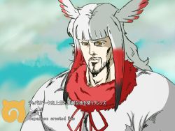 Rule 34 | 10s, 1boy, blunt bangs, character name, commentary request, crossover, derivative work, facial hair, head wings, hokuto no ken, japanese crested ibis (kemono friends), japari symbol, kemono friends, long hair, male focus, manly, multicolored hair, muscular, name connection, official style, parody, red hair, ribar, sketch, sky, solo, style parody, text focus, toki (hokuto no ken), translation request, two-tone hair, white hair, wings, yellow eyes