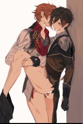 Rule 34 | 2boys, anal, bad tag, blush, genshin impact, hand on another&#039;s ass, highres, holding another&#039;s leg, kanangnsn, leaning on wall, male penetrated, multiple boys, tartaglia (genshin impact), wall sex, white background, yaoi, zhongli (genshin impact)