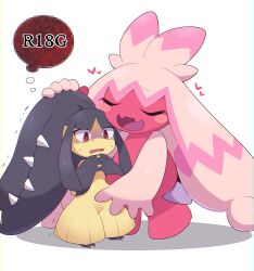 Rule 34 | 2girls, absurdres, bags under eyes, black hair, black skin, blunt bangs, blush, blush stickers, chromatic aberration, closed eyes, colored skin, creatures (company), extra mouth, female focus, full body, game freak, gen 3 pokemon, hand on another&#039;s head, hand up, hands up, happy, heart, highres, imagining, interspecies, long hair, looking down, mawile, multicolored hair, multicolored skin, multiple girls, nintendo, open mouth, own hands together, pink hair, pink skin, pokemon, pokemon (creature), raised eyebrows, scared, shaded face, sharp teeth, sidelocks, simple background, smile, standing, subaru331, sweat, tears, teeth, thought bubble, tinkaton, trembling, turn pale, two-tone hair, two-tone skin, u u, very long hair, white background, wide-eyed, yellow skin, yuri