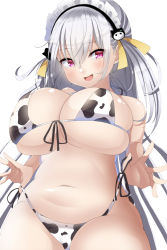 Rule 34 | 1girl, animal print, bikini, breasts, chinese zodiac, cow print, fang, front-tie bikini top, front-tie top, hair between eyes, hair ornament, highres, hourei tenten, huge breasts, long hair, looking at viewer, maid headdress, melty+, mole, mole on breast, navel, open mouth, pink eyes, side-tie bikini bottom, silver hair, simple background, smile, solo, swimsuit, takimoto yukari, virtual youtuber, white background, white bikini, year of the ox