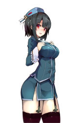 Rule 34 | 10s, 1girl, black hair, blush, breasts, ganida boushoku, hat, highres, kantai collection, large breasts, md5 mismatch, no gloves, red eyes, resolution mismatch, short hair, simple background, smile, solo, source smaller, takao (kancolle), uniform