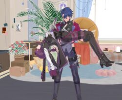 Rule 34 | blue hair, boots, gloves, goggles, goggles on head, green eyes, high heels, highres, kafka (honkai: star rail), looking at another, one eye covered, ponytail, purple hair, sampo koski, smile, thigh boots, thighhighs