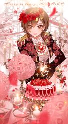 Rule 34 | 1girl, birthday cake, black jacket, black skirt, bouquet, bowing, brown eyes, brown hair, cake, candle, candlestand, caracoro, character name, commentary, epaulettes, falling feathers, falling petals, feathers, fireworks, floral print, flower, food, fruit, gem, gold trim, hair flower, hair ornament, hand on own hip, happy birthday, heart, highres, holding, holding microphone, indoors, jacket, jewelry, leaning forward, light smile, lipstick, looking at viewer, makeup, meiko (vocaloid), microphone, petals, pink flower, pink rose, red feathers, red flower, red gemstone, red rose, red theme, rose, rose print, shirt, short hair, side slit, skirt, solo, sparkle, sparkler, strawberry, treble clef, uniform, vocaloid, white shirt, window, wreath