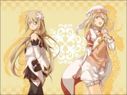 Rule 34 | 00s, 2girls, alice (tales), bad id, bad pixiv id, blonde hair, bloomers, blue eyes, brown hair, checkered background, gloves, hair ornament, hat, long hair, marta lualdi, multiple girls, shadow, shibanashi miso, smile, tales of (series), tales of symphonia, tales of symphonia: dawn of the new world, una, underwear, white bloomers, yellow background, yellow eyes