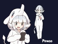 Rule 34 | 1girl, animal costume, black eyes, blue background, blush, commentary request, copyright name, elephant costume, highres, holding, hood, hood up, hoodie, looking down, morakkyo (mephilas g3), multiple views, open mouth, parted lips, pawoo, pawoo-chan, personification, pixiv, sidelocks, simple background, sketch, smile, standing, tablet pc, teeth, tusks, upper body, white hair